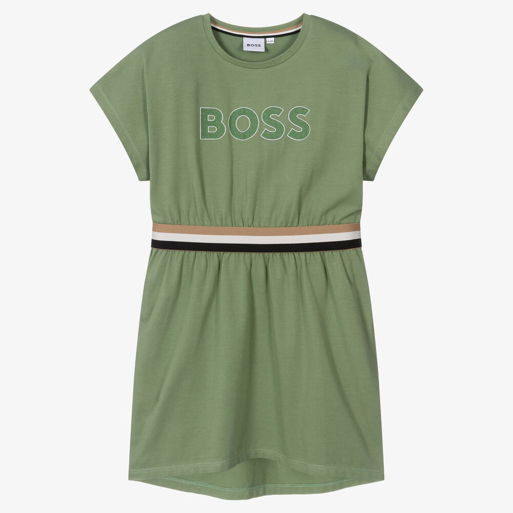 BOSS - Teen Girls Green Cotton Logo Dress | Childrensalon