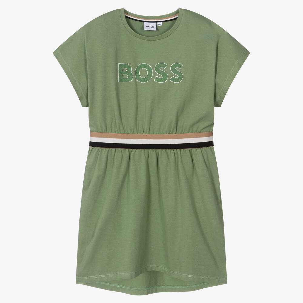 BOSS - Robe verte en coton ado fille | Childrensalon