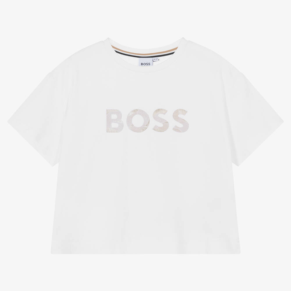 BOSS - Белая укороченная футболка из хлопка | Childrensalon