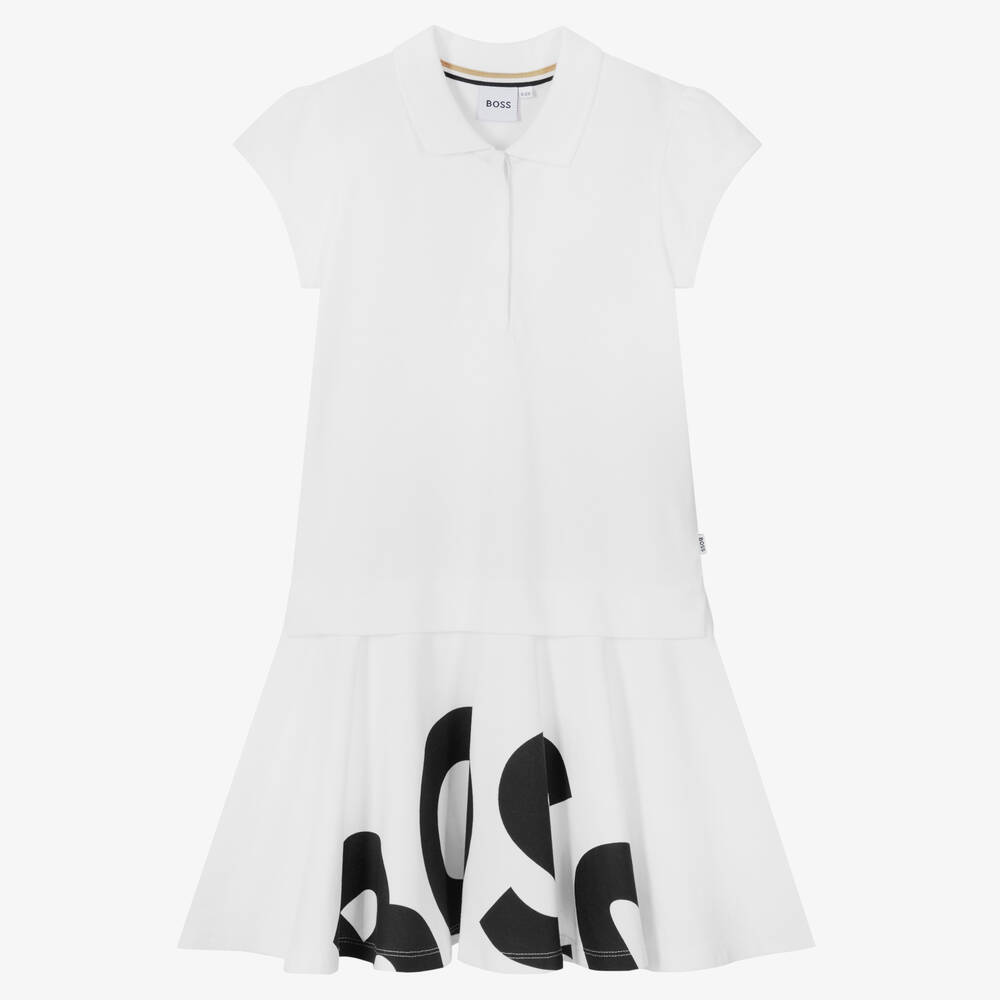BOSS - Teen Girls White Cotton Piqué Polo Dress | Childrensalon