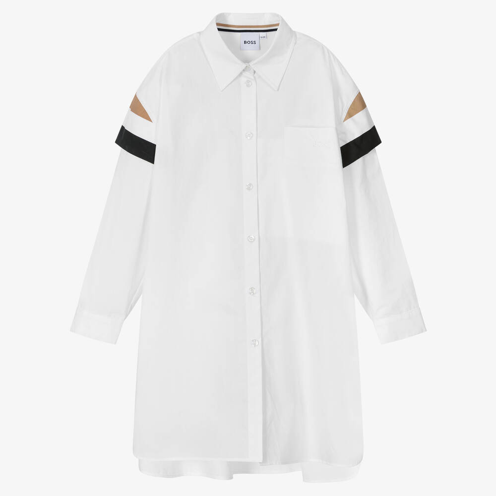 BOSS - فستان قميص تينز بناتي قطن بوبلين لون أبيض | Childrensalon