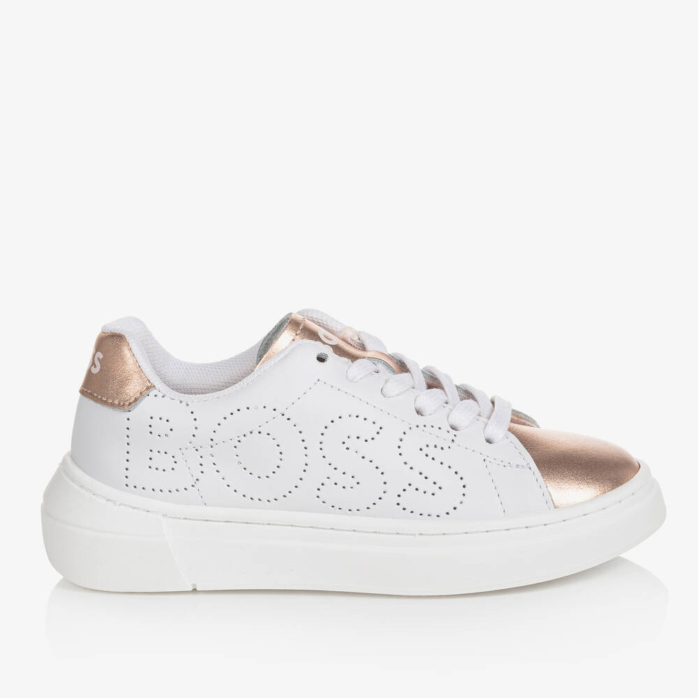 BOSS Teen Girls White Gold Leather Trainers Childrensalon Outlet