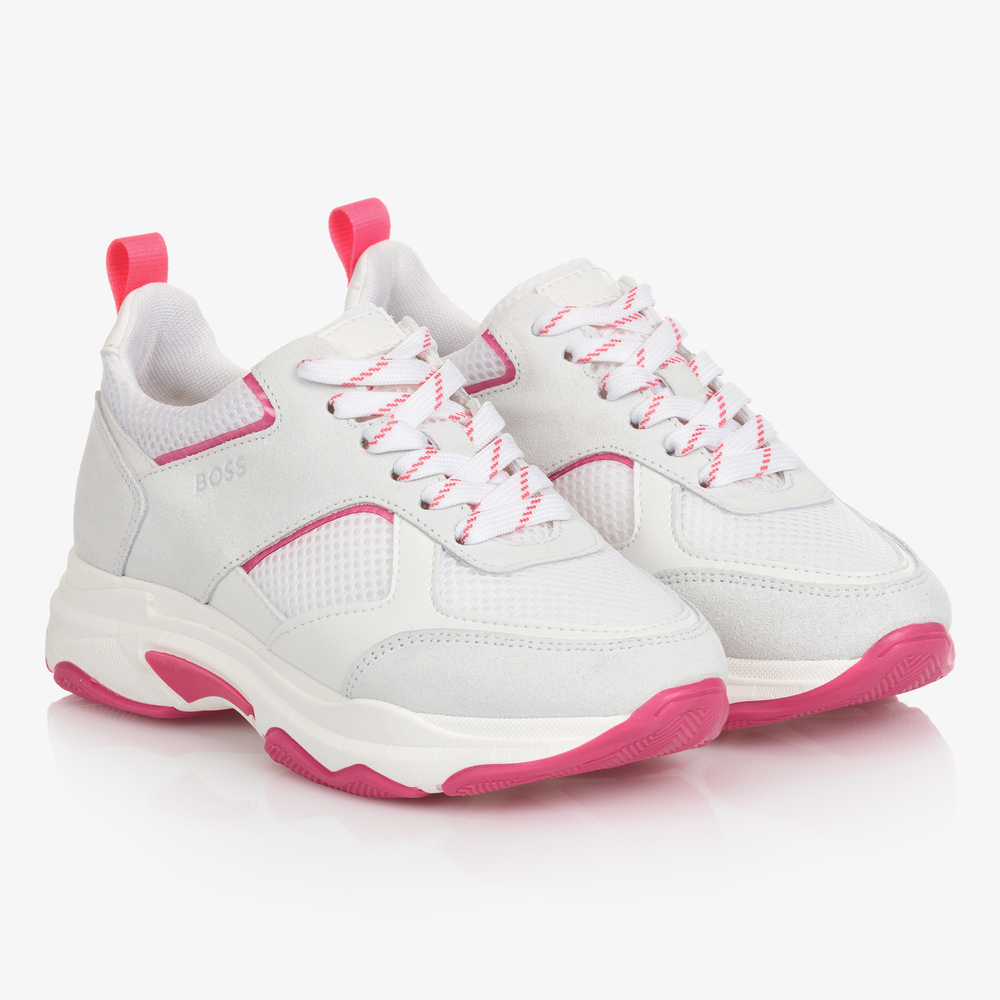 BOSS - Teen Girls White Logo Trainers | Childrensalon