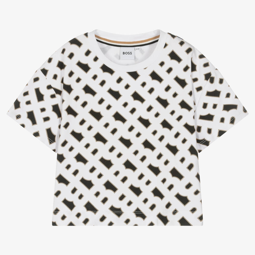 BOSS - Teen Girls White Monogram Cropped T-Shirt | Childrensalon