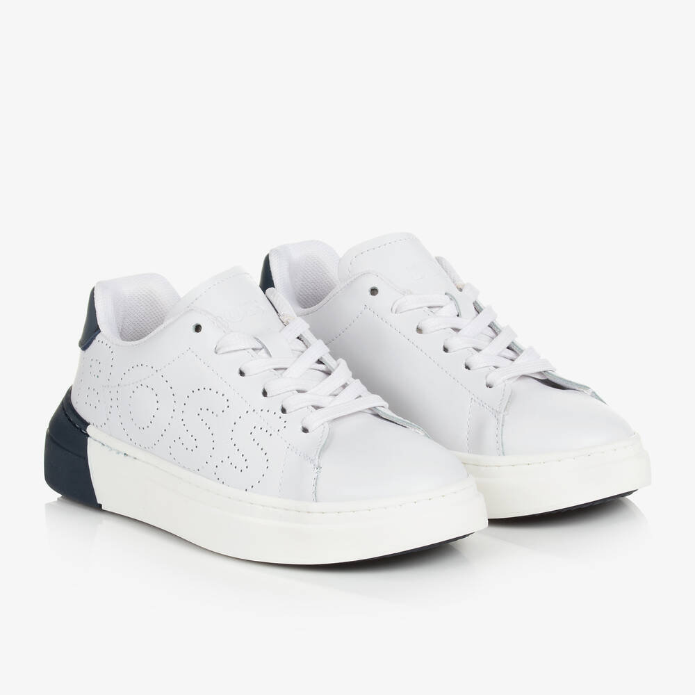 BOSS - Teen White Leather Trainers | Childrensalon