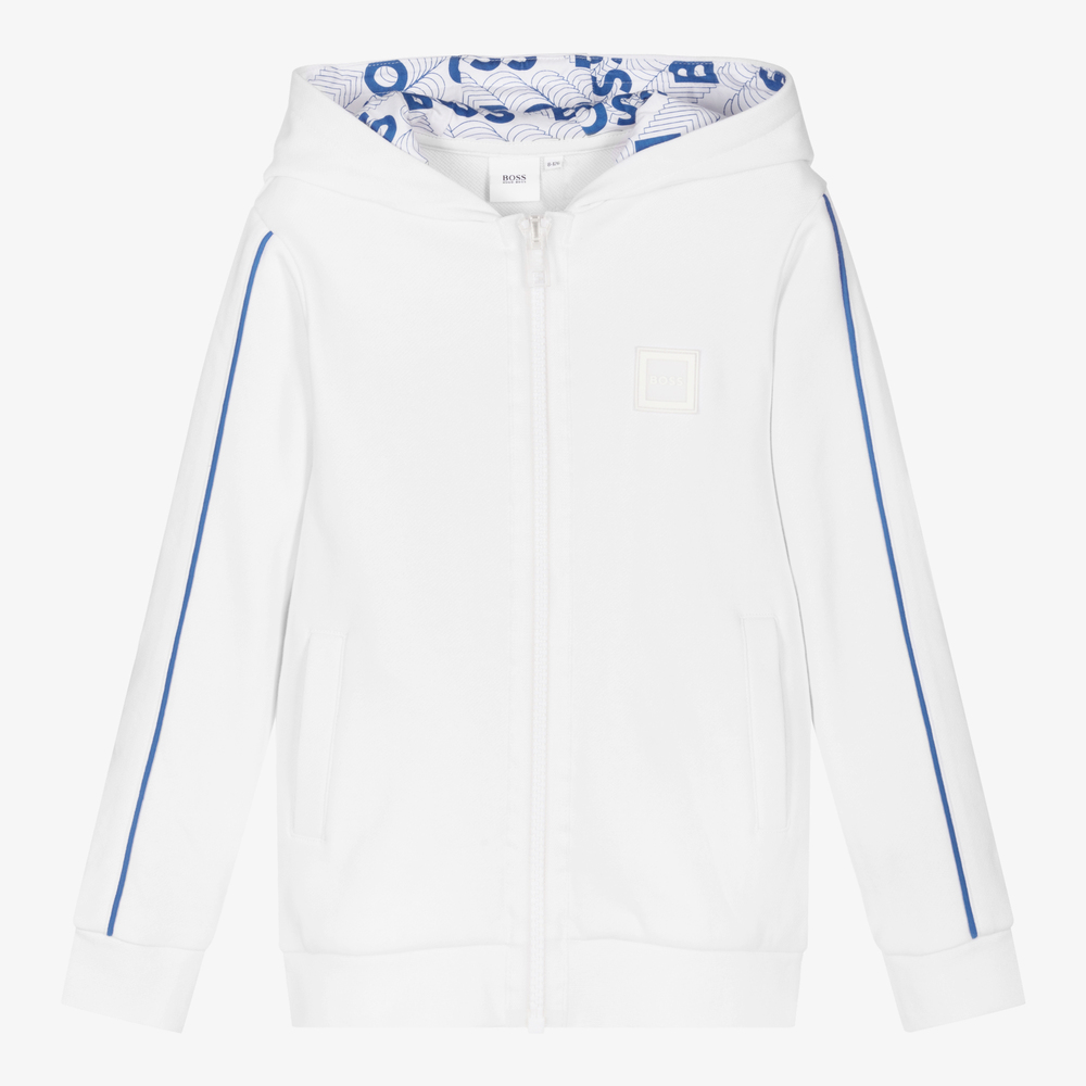 BOSS-Teen White Logo  Hooded Zip Up Top | Childrensalon Outlet