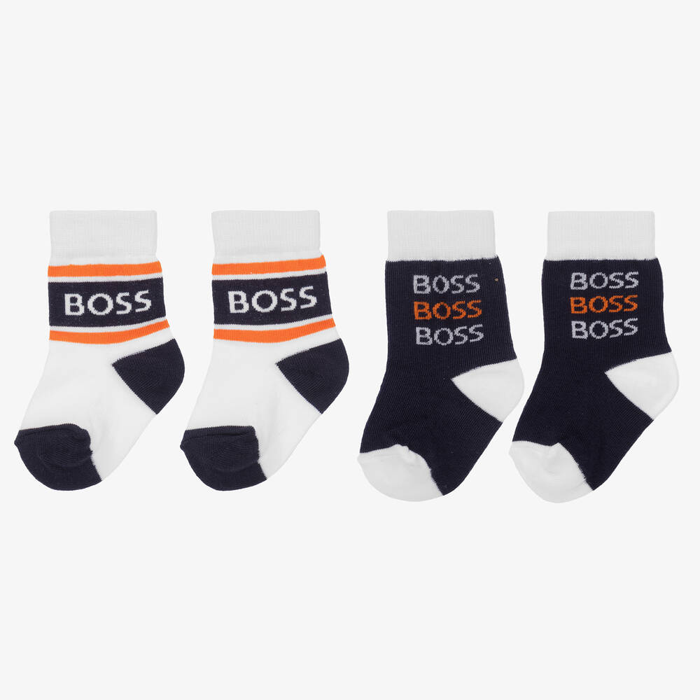 BOSS - White & Blue Logo Baby Socks (2 Pack) | Childrensalon