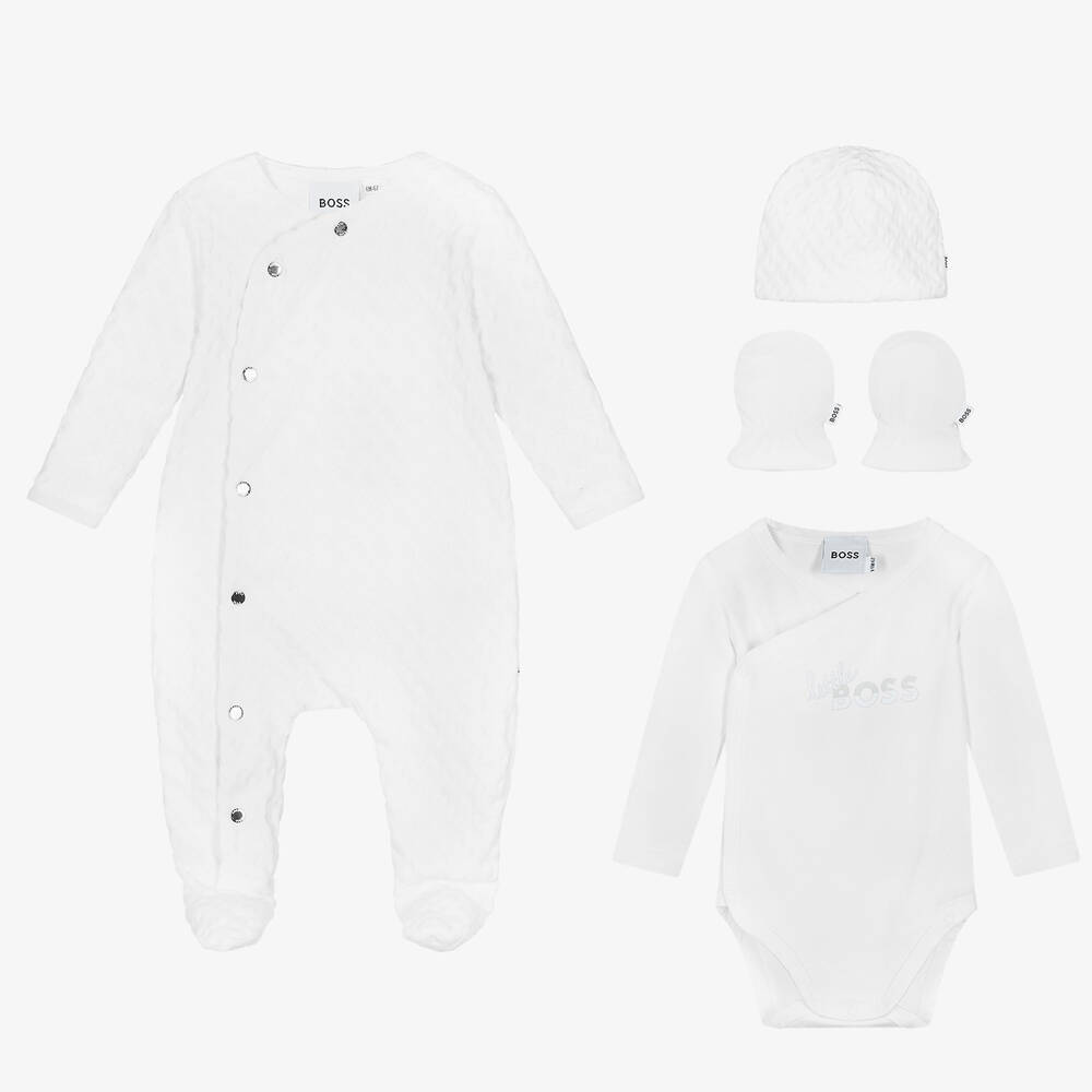 BOSS - White Cotton Monogram Babysuit Set | Childrensalon