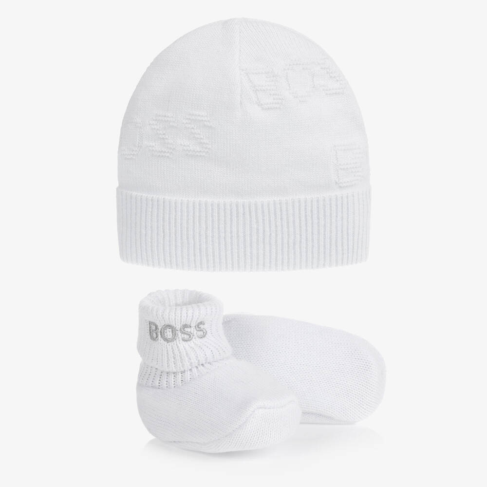 BOSS - White Knitted Hat & Booties Gift Set | Childrensalon