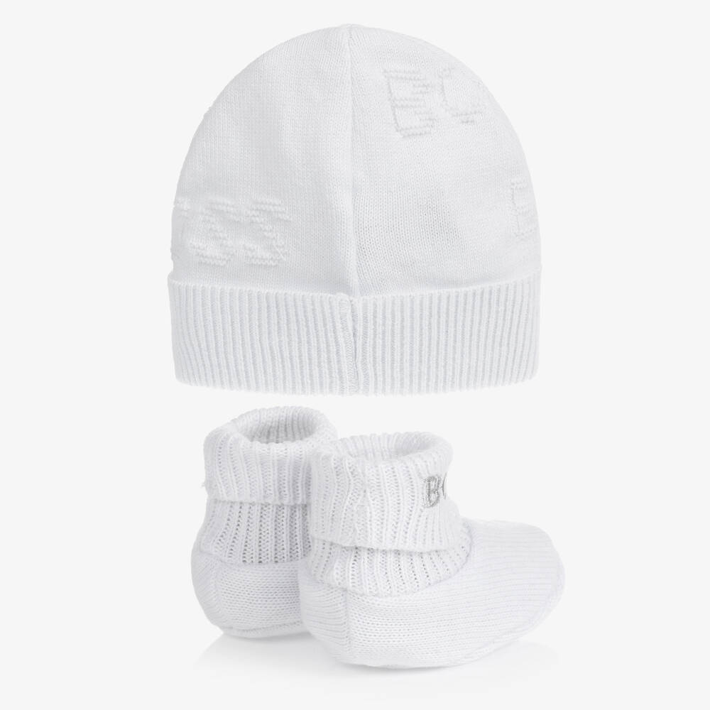 BOSS-White Knitted Hat & Booties Gift Set | Childrensalon Outlet