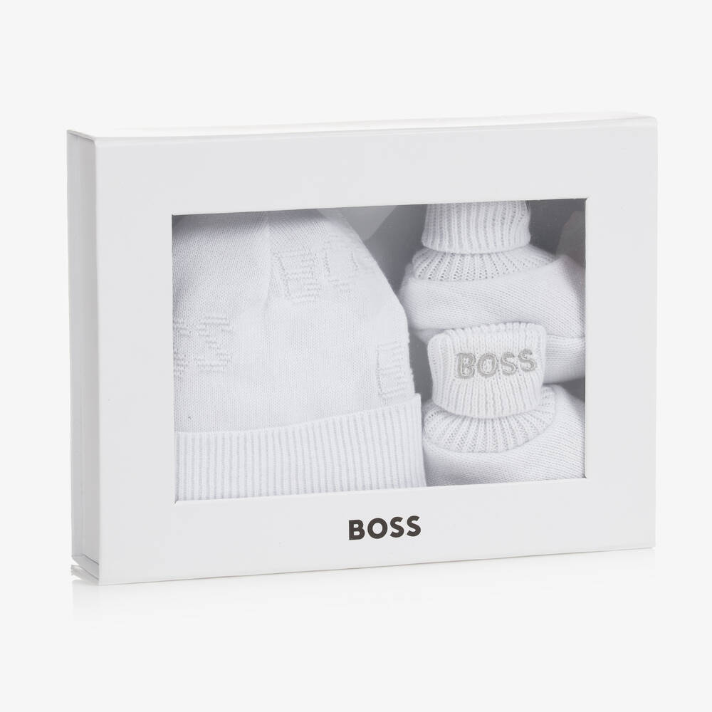 BOSS-White Knitted Hat & Booties Gift Set | Childrensalon Outlet