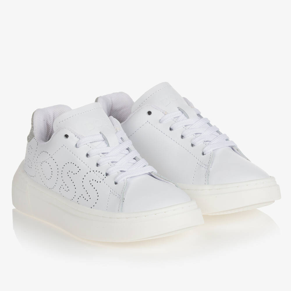 BOSS - White Leather Logo Trainers | Childrensalon