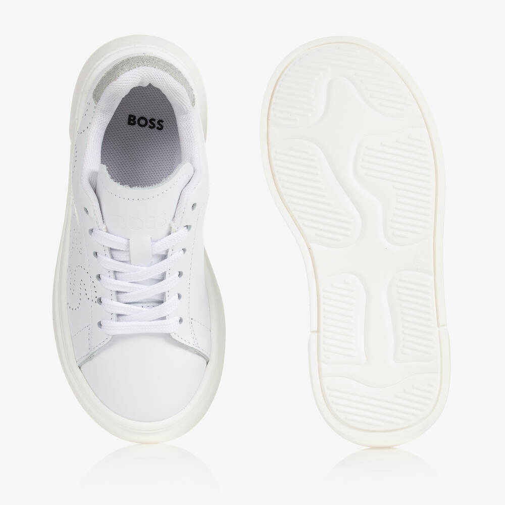 スニーカー BOSS Logo-Plaque Leather Sneakers White BOSS: White Leather Logo Sneakers | SSENSE Canada