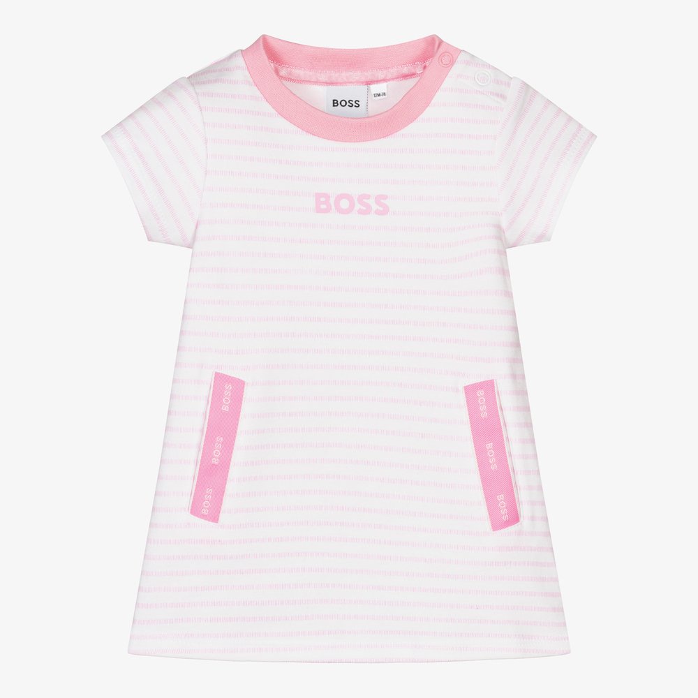 BOSS - White & Pink Cotton Dress  | Childrensalon