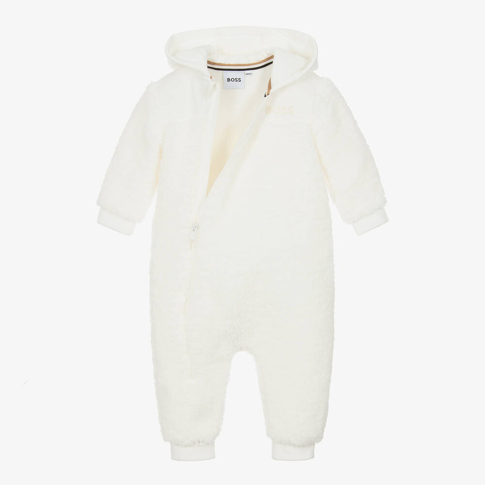 BOSS-White Teddy Fleece Hooded Pramsuit | Childrensalon Outlet