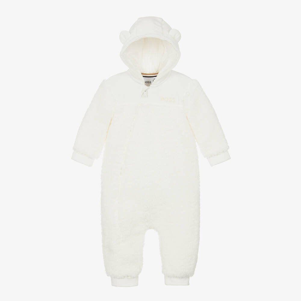 BOSS - White Teddy Fleece Hooded Pramsuit | Childrensalon