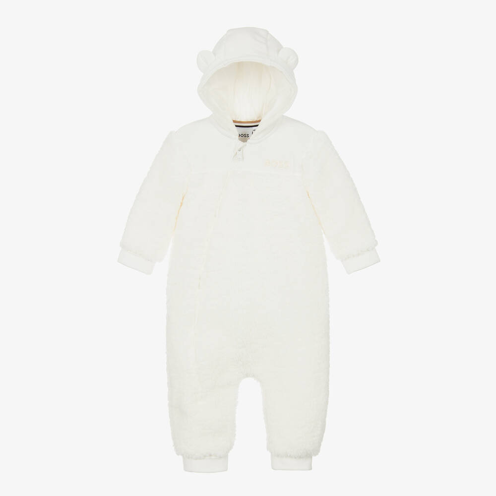 BOSS-White Teddy Fleece Hooded Pramsuit | Childrensalon Outlet