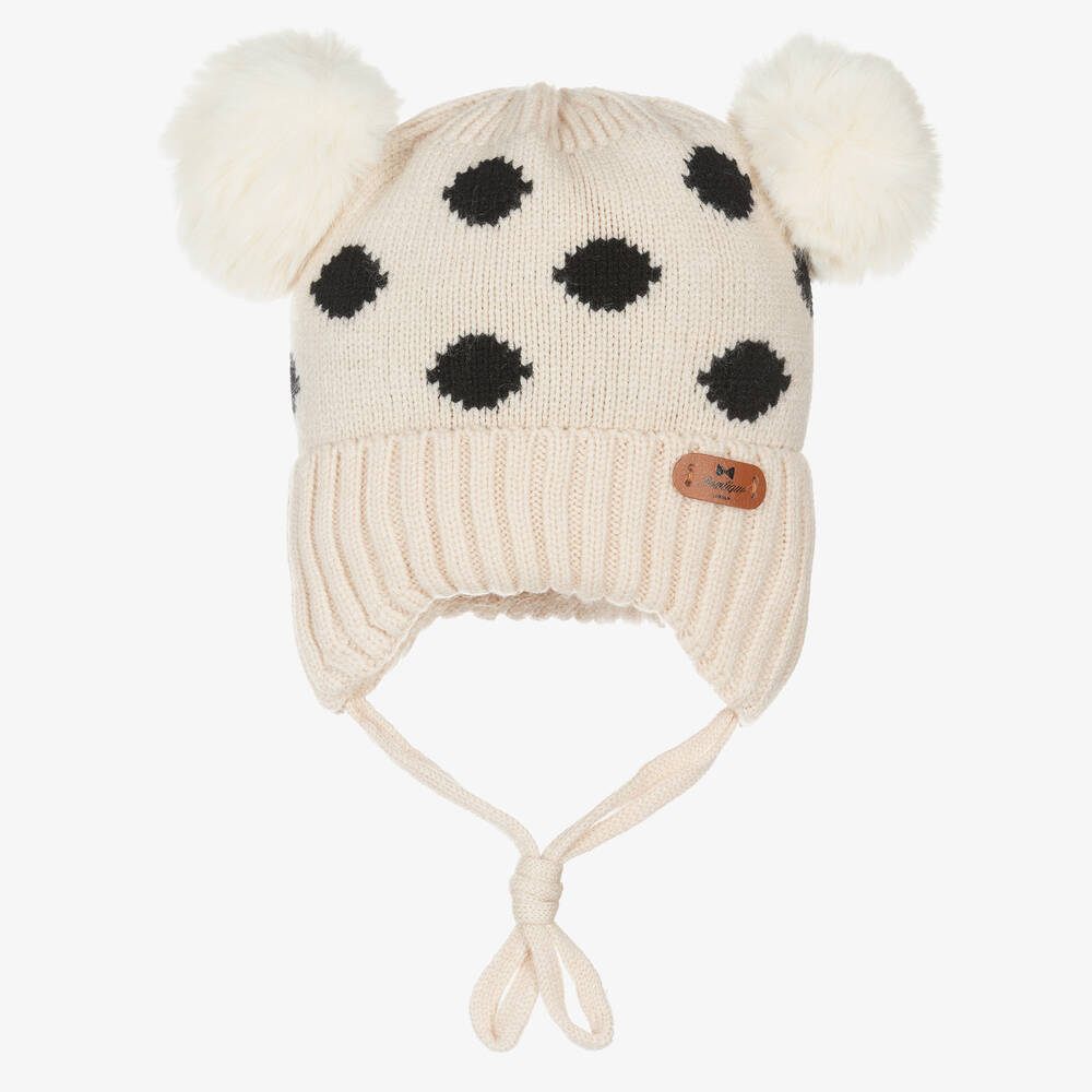 Bowtique London - Baby Girls Beige Polka Dot Knitted Hat | Childrensalon