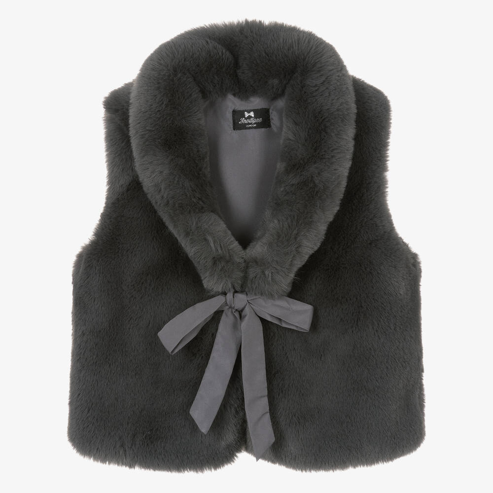 Bowtique London - Girls Dark Grey Faux Fur Gilet | Childrensalon