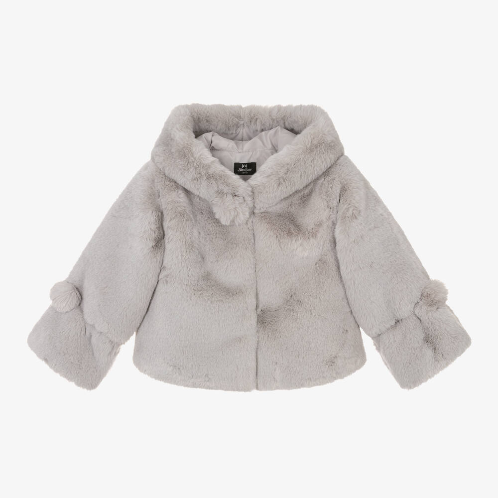 Bowtique London - Girls Light Grey Faux Fur Hooded Jacket | Childrensalon