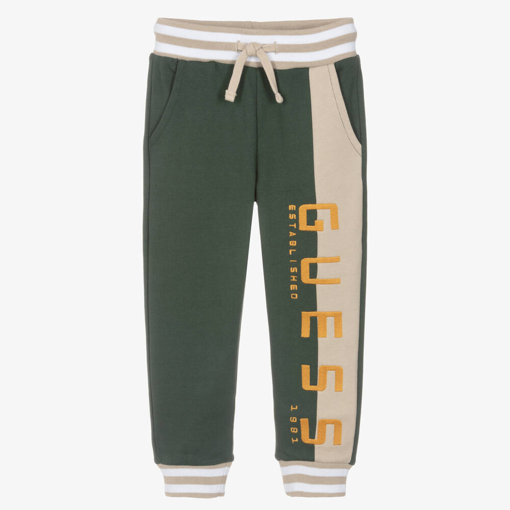 Guess-Boy Green & Beige Cotton Joggers with Embroidered Logo | Childrensalon Outlet