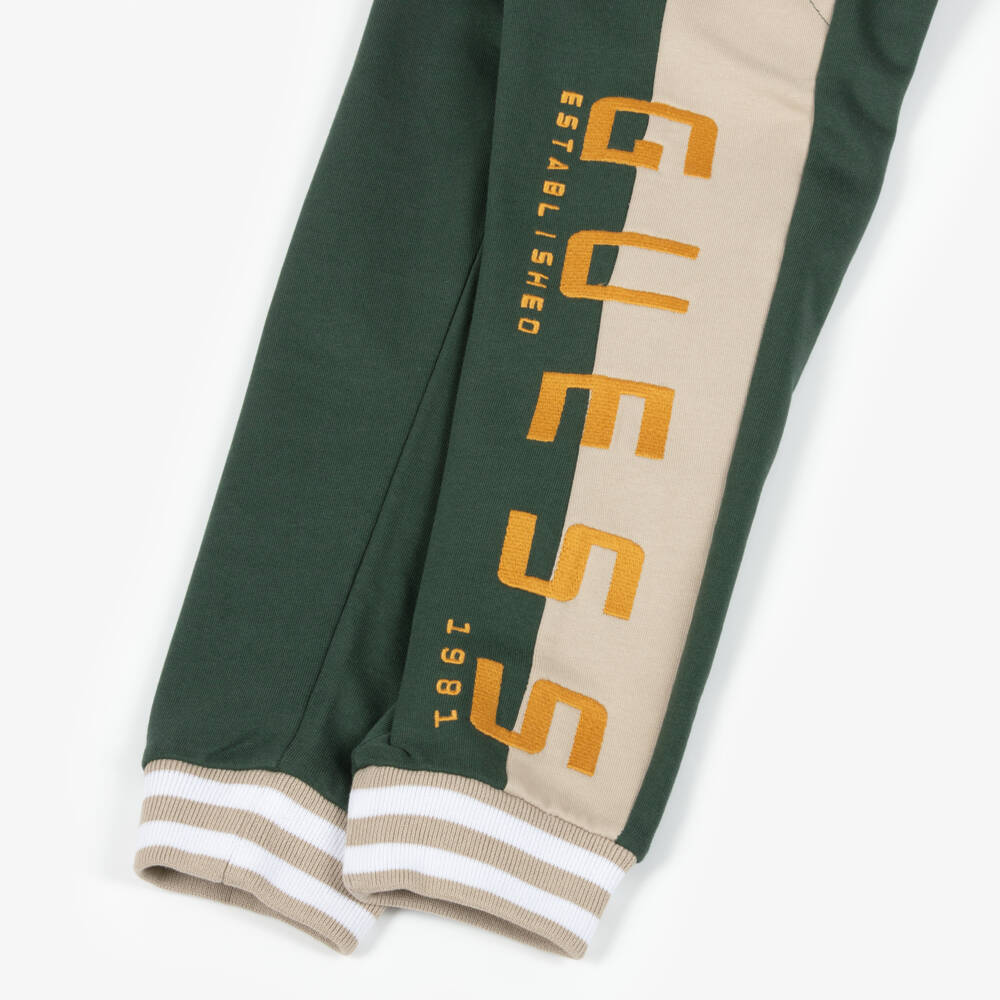 Guess-Boy Green & Beige Cotton Joggers with Embroidered Logo | Childrensalon Outlet