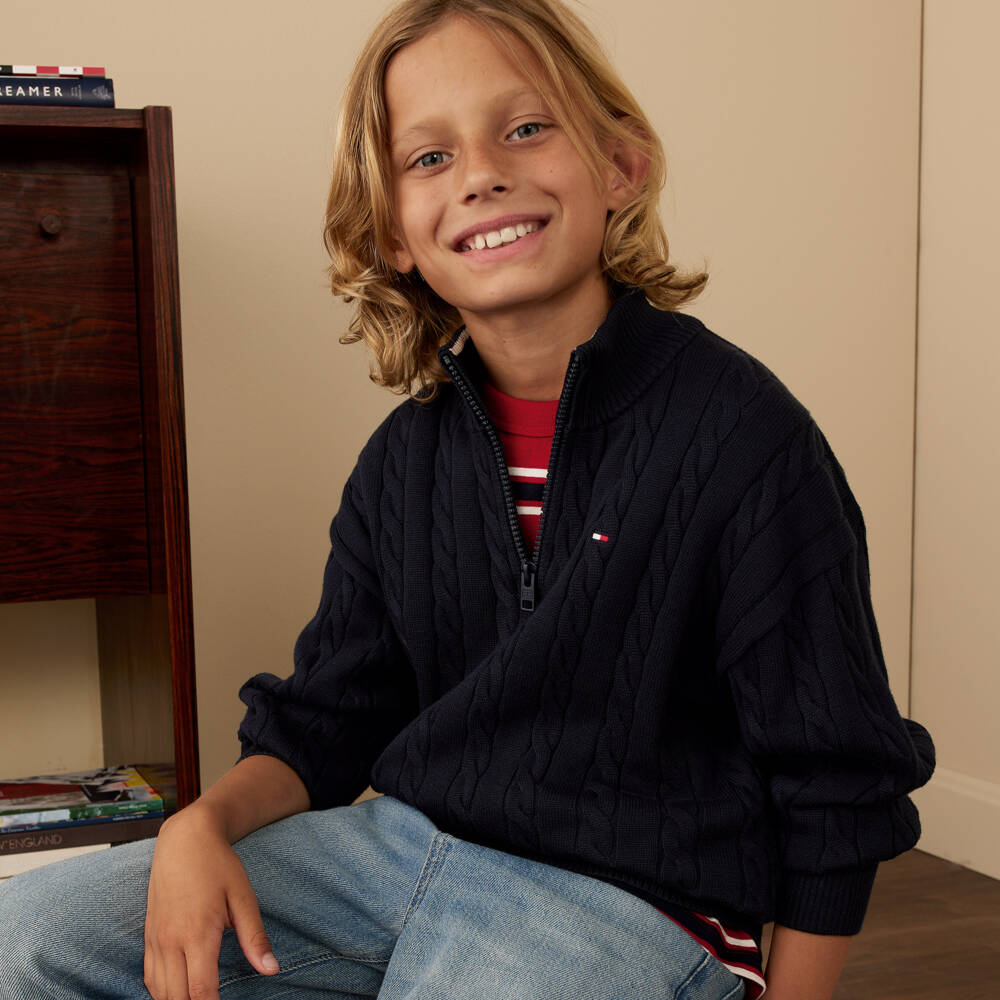 Tommy Hilfiger-Boy Navy Blue Quarter-Zip Cable Knit Sweater | Childrensalon Outlet