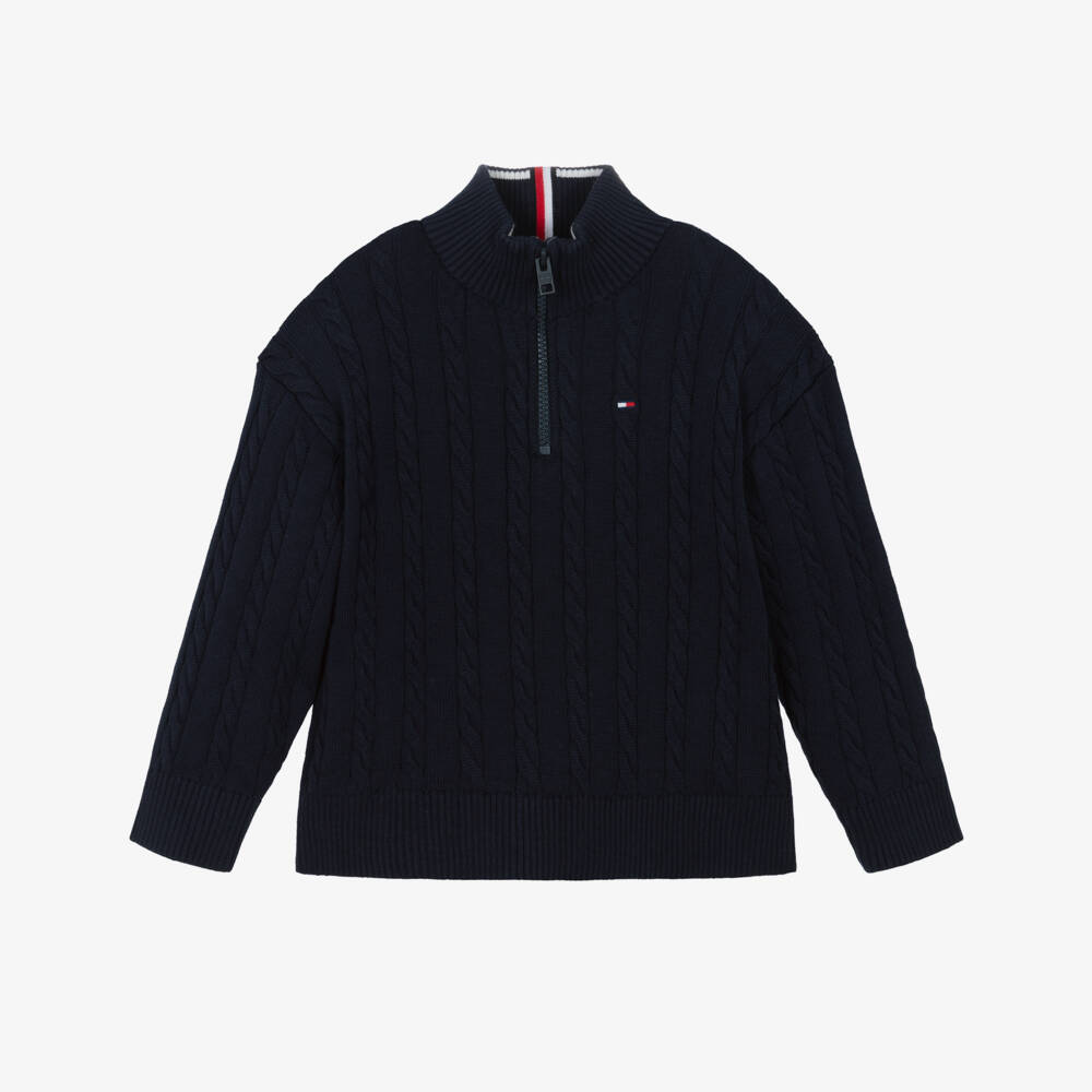 Tommy Hilfiger-Boy Navy Blue Quarter-Zip Cable Knit Sweater | Childrensalon Outlet