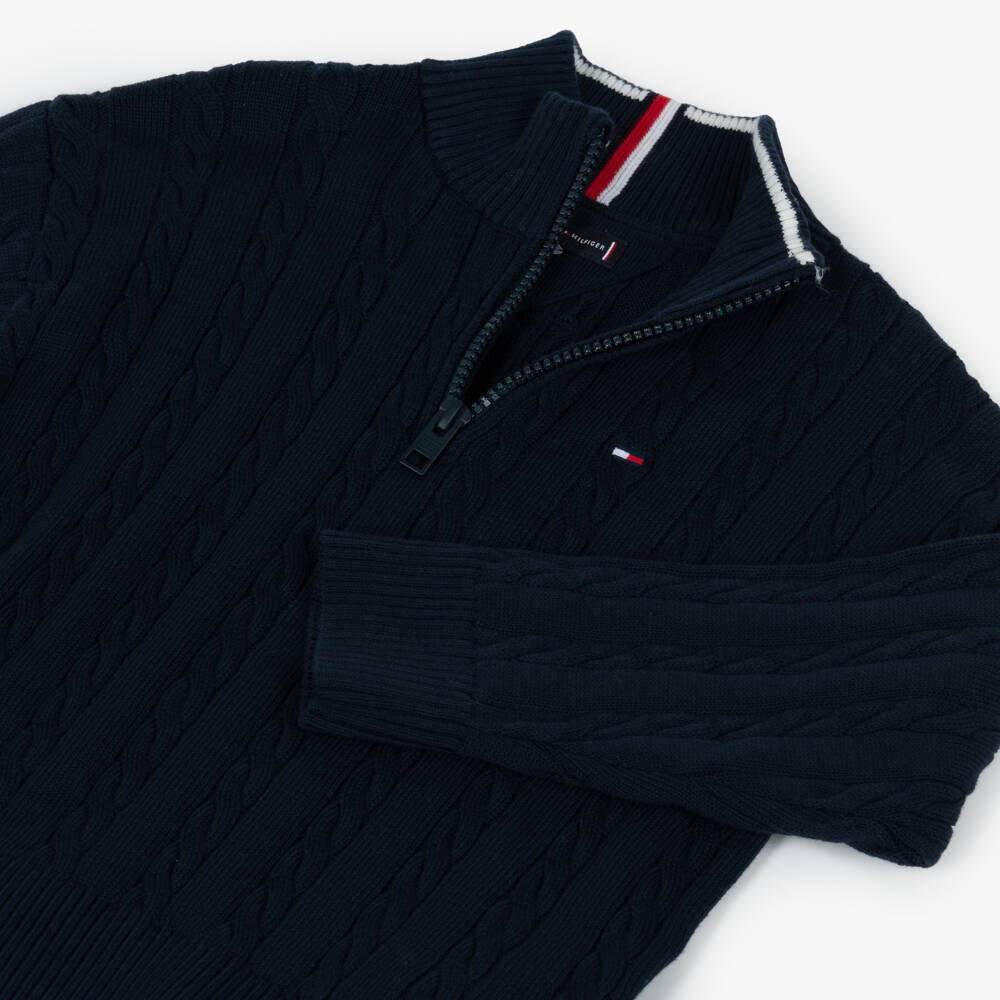 Tommy Hilfiger-Boy Navy Blue Quarter-Zip Cable Knit Sweater | Childrensalon Outlet