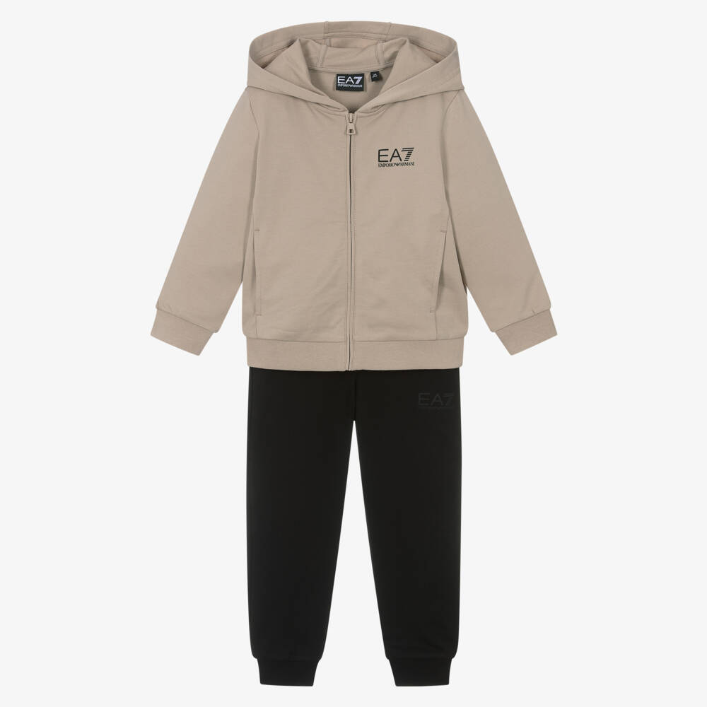 EA7 Emporio Armani-Boys Beige & Black Cotton Tracksuit with Hood & Black Logos | Childrensalon Outlet