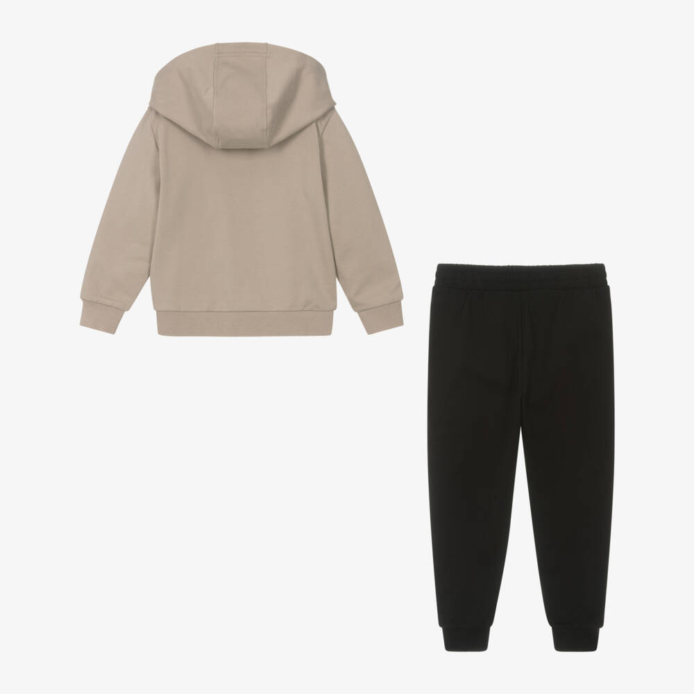 EA7 Emporio Armani-Boys Beige & Black Cotton Tracksuit with Hood & Black Logos | Childrensalon Outlet