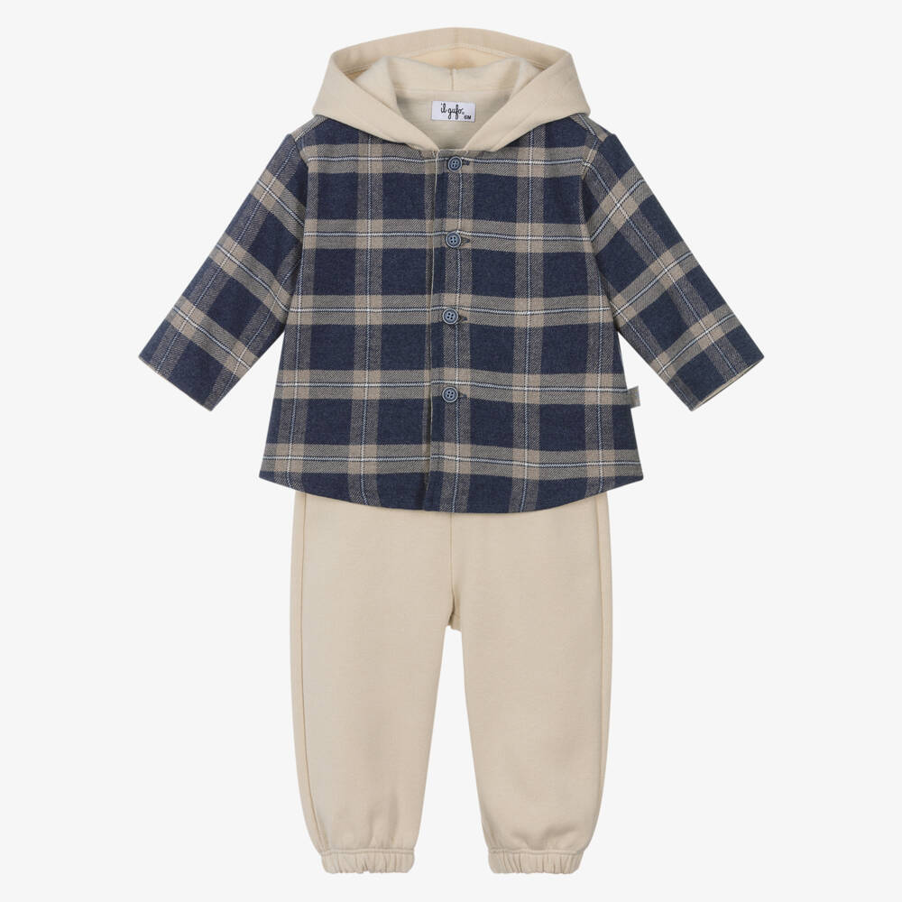Il Gufo-Boys Beige & Blue Check Hooded Tracksuit | Childrensalon Outlet