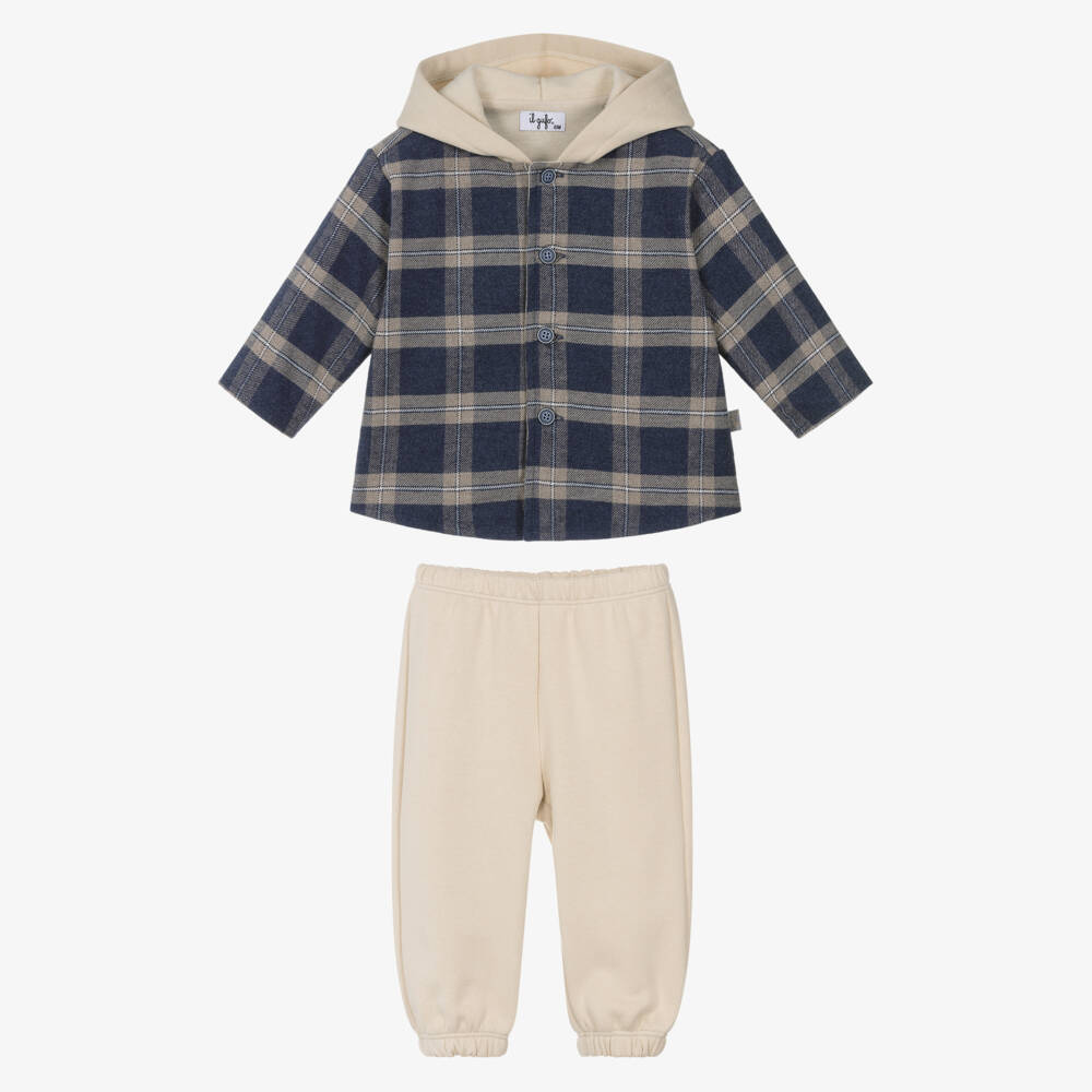 Il Gufo-Boys Beige & Blue Check Hooded Tracksuit | Childrensalon Outlet