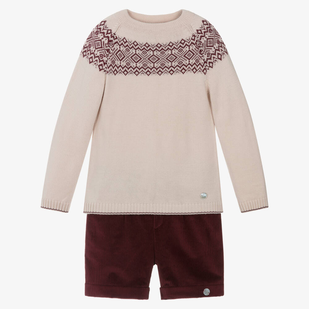 Artesanía Granlei-Boys Beige & Burgundy Red Fair Isle Shorts Set | Childrensalon Outlet