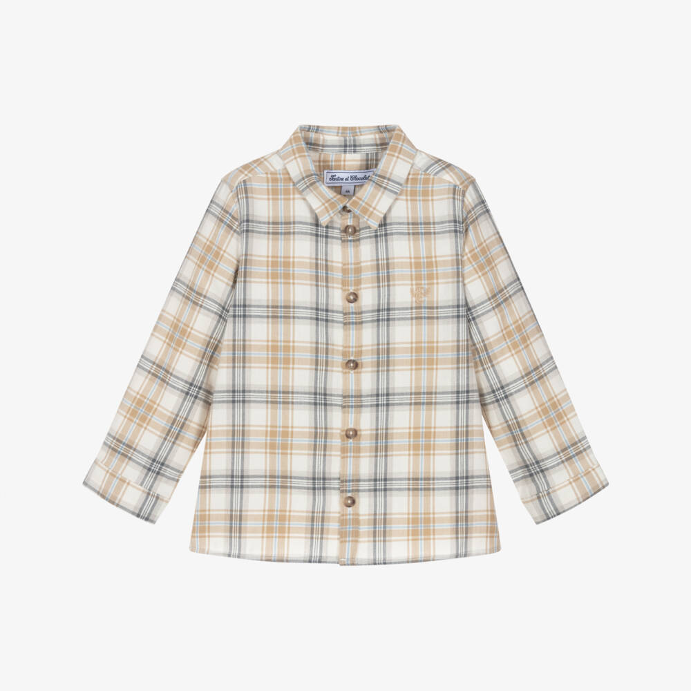 Tartine et Chocolat-Boys Beige Checked Cotton & Wool Shirt | Childrensalon Outlet