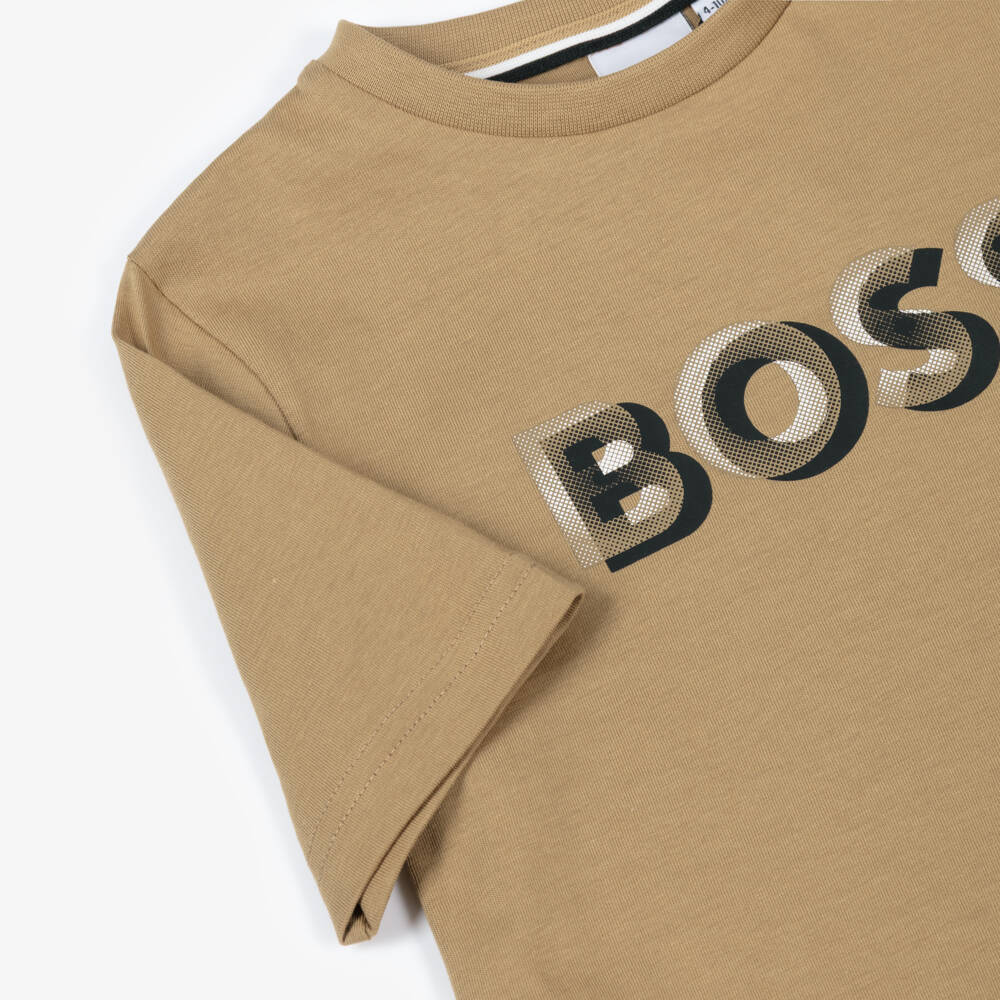 BOSS-Boys Beige Cotton 3D Logo T-Shirt | Childrensalon Outlet