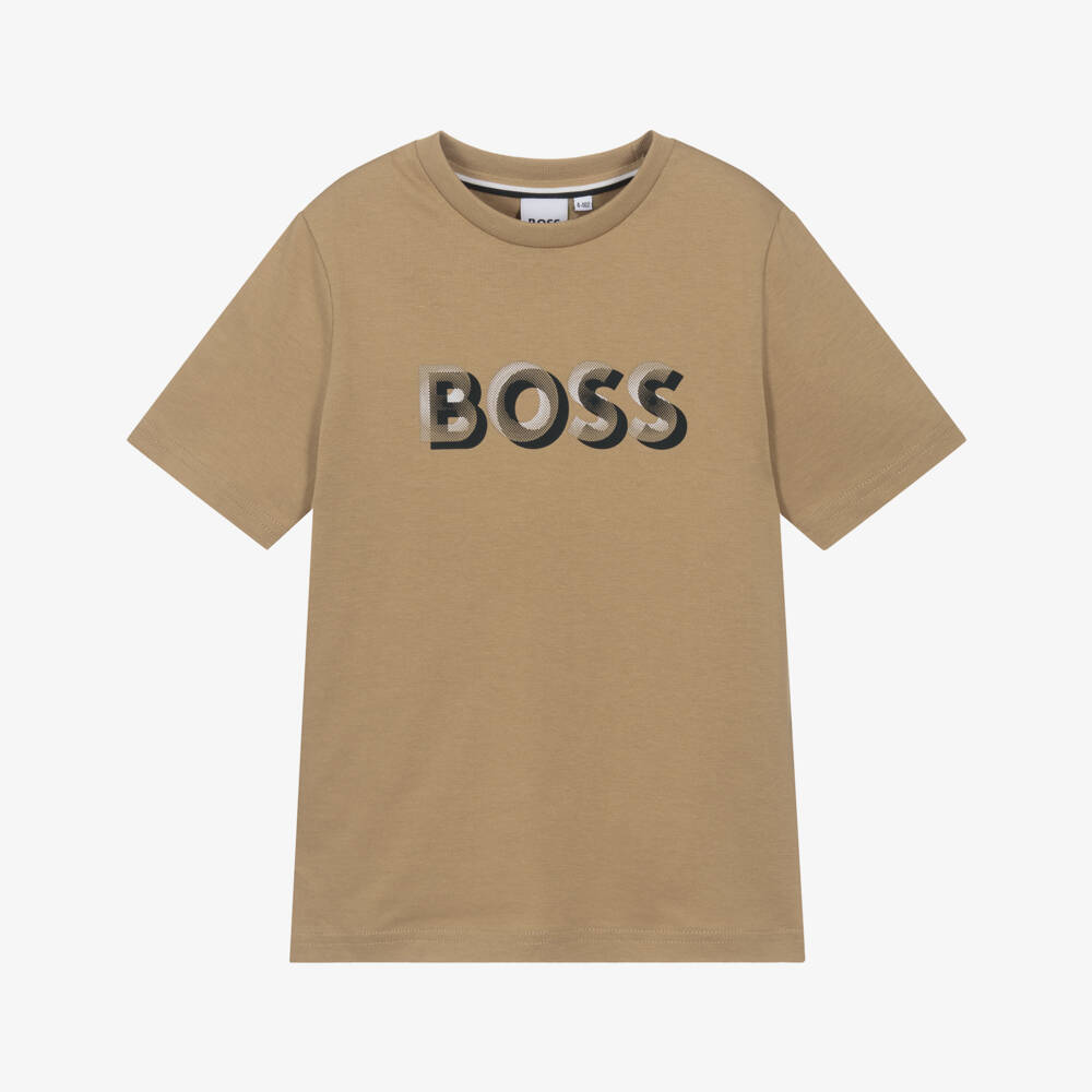 BOSS-Boys Beige Cotton 3D Logo T-Shirt | Childrensalon Outlet