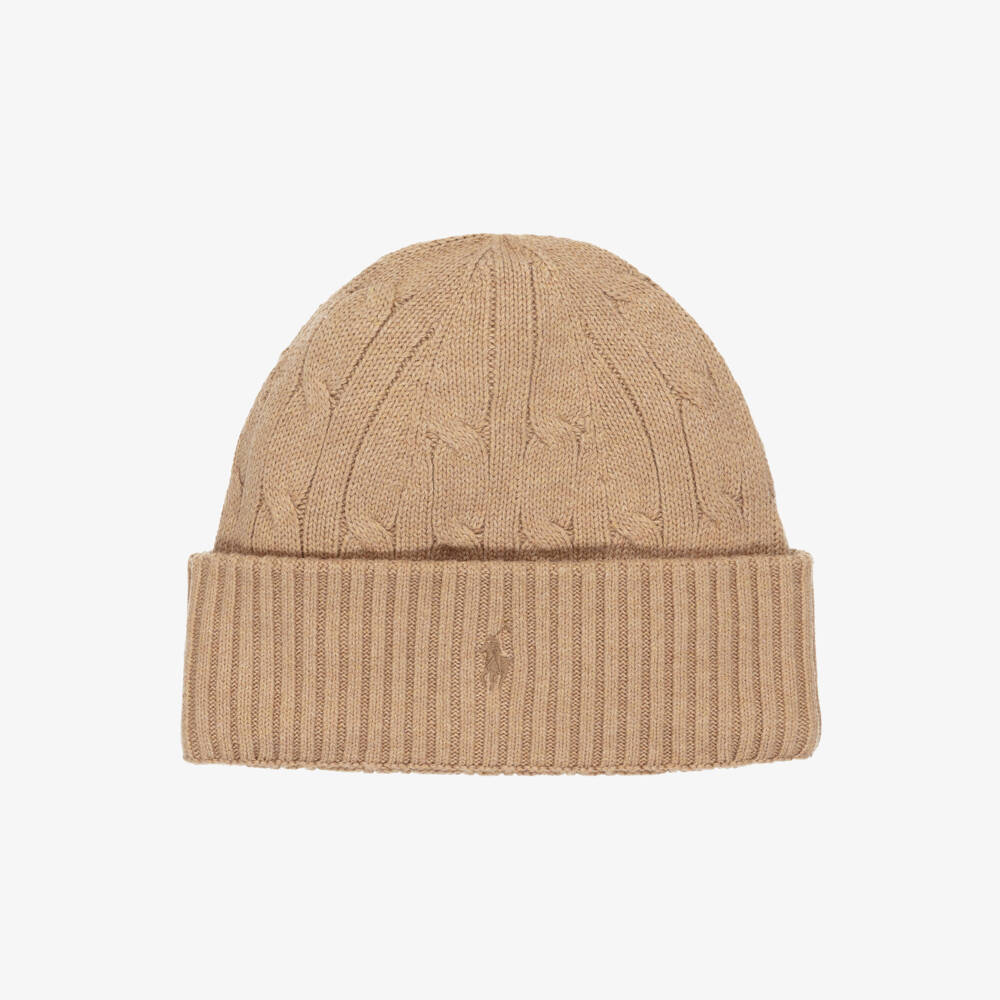 Ralph Lauren-Boys Beige Cotton Cable Knit Beanie Hat | Childrensalon Outlet