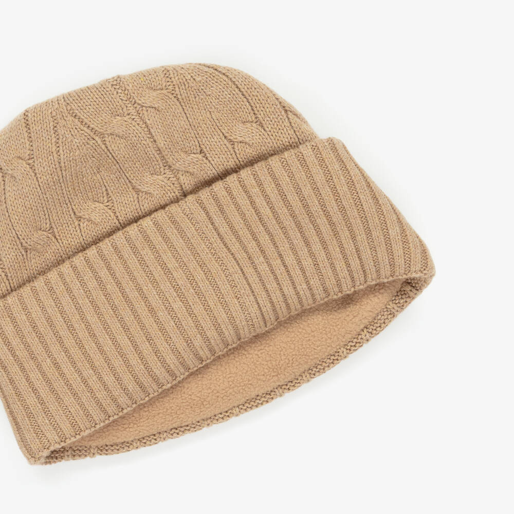Ralph Lauren-Boys Beige Cotton Cable Knit Beanie Hat | Childrensalon Outlet