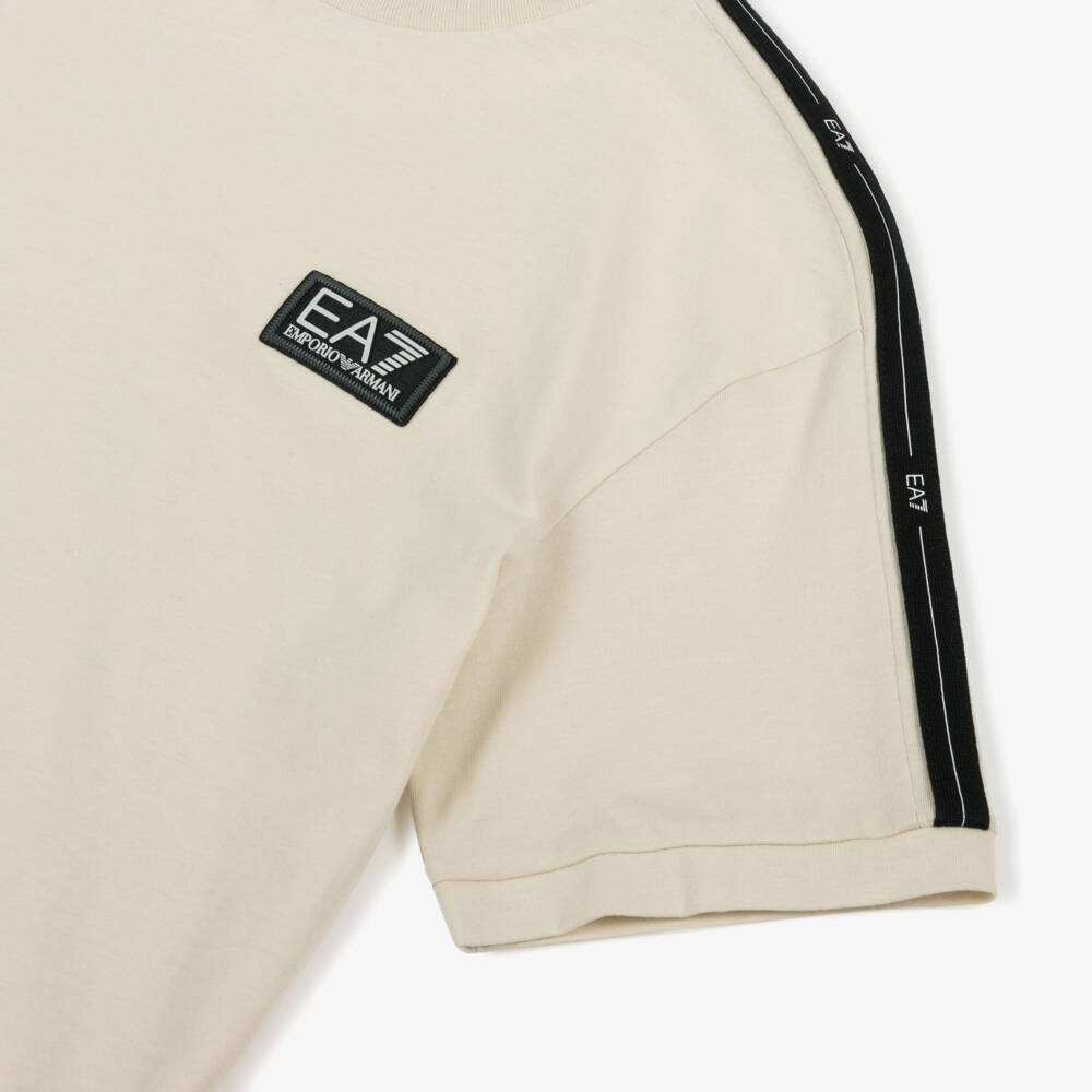 EA7 Emporio Armani-Boys Beige Cotton EA7 Logo Tape T-Shirt | Childrensalon Outlet