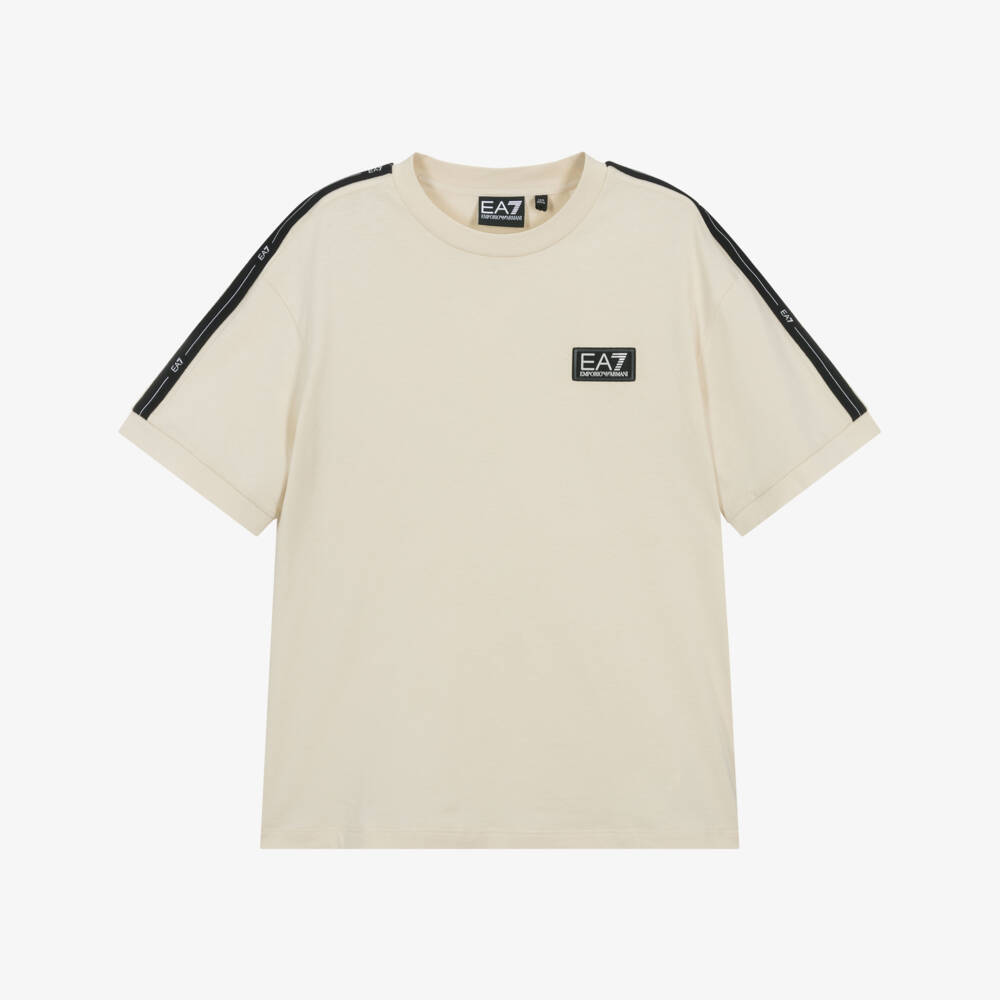 EA7 Emporio Armani-Boys Beige Cotton EA7 Logo Tape T-Shirt | Childrensalon Outlet