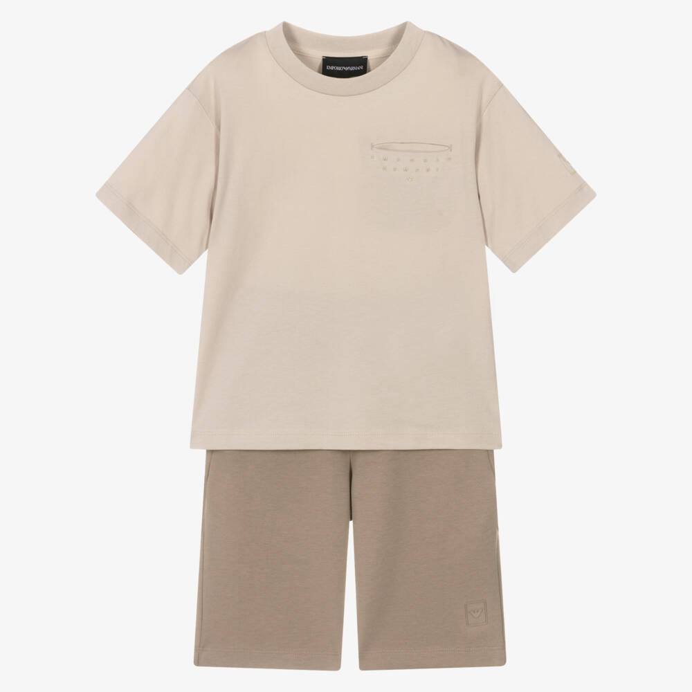 Emporio Armani-Комплект шорт из бежевого хлопка с логотипом для мальчиков | Childrensalon Outlet