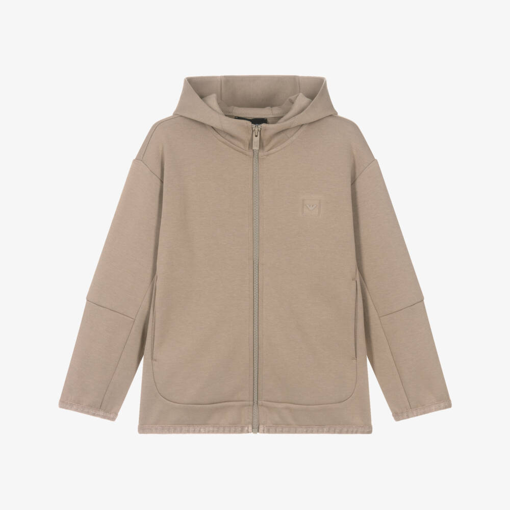 Emporio Armani-Boys Beige Cotton Eagle Logo Zip-Up Hooded Top | Childrensalon Outlet
