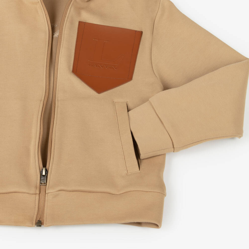 Lanvin-Boys Beige Cotton Hooded Zip-Up Top with L Lanvin Logo | Childrensalon Outlet