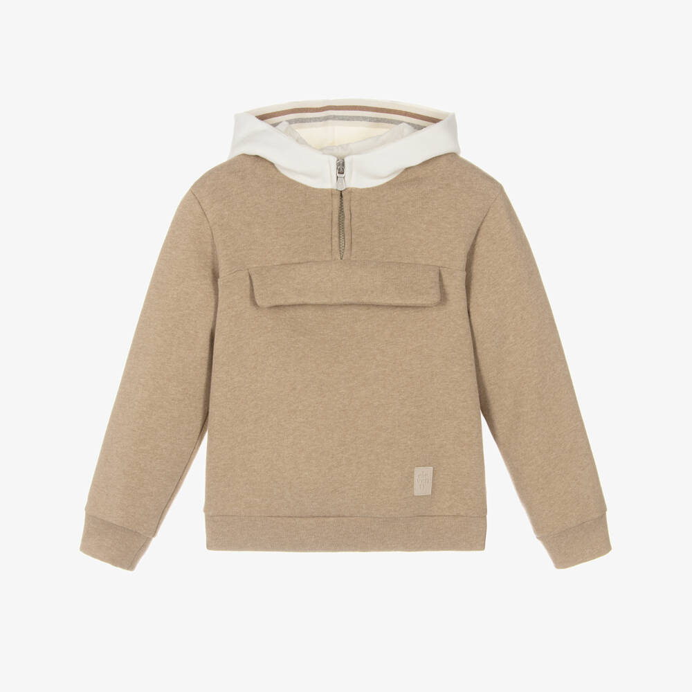 Eleventy-Boys Beige Cotton Jersey Hoodie | Childrensalon Outlet