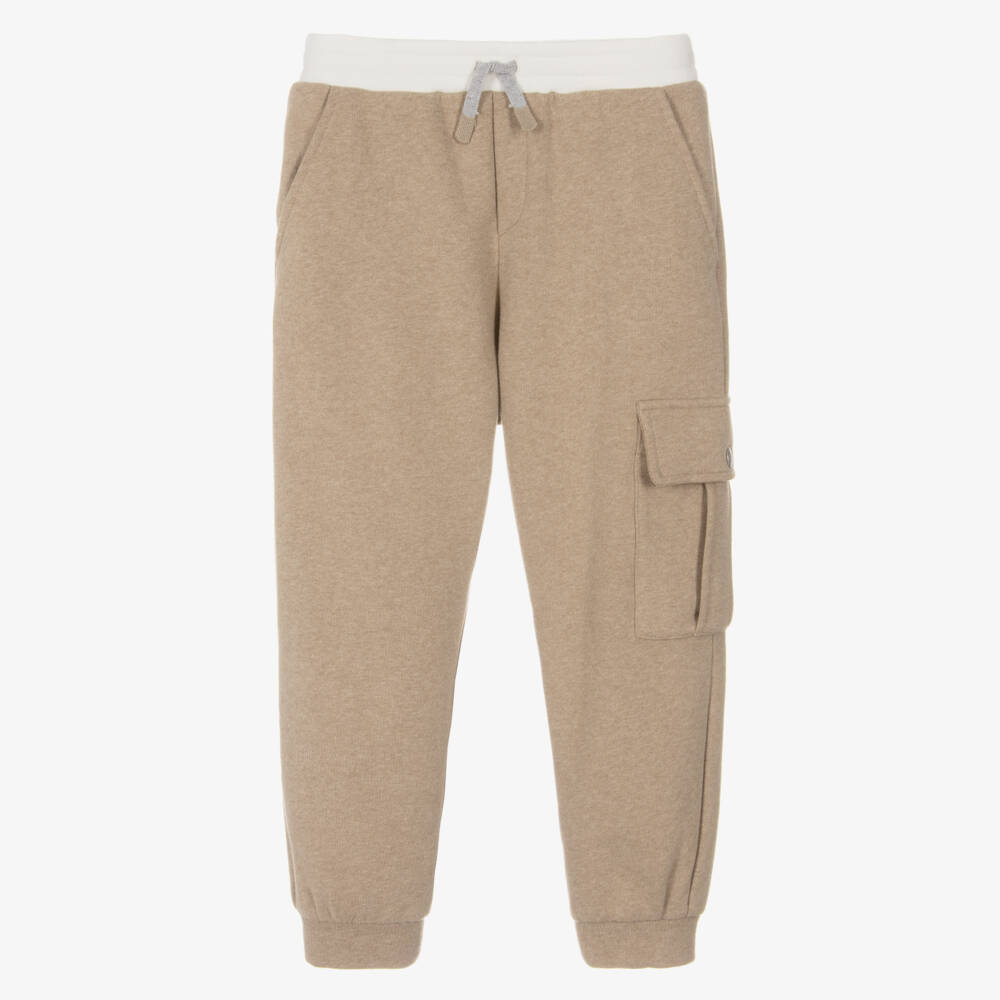 Eleventy-Boys Beige Cotton Jersey Joggers with Ivory Drawstring Waist | Childrensalon Outlet