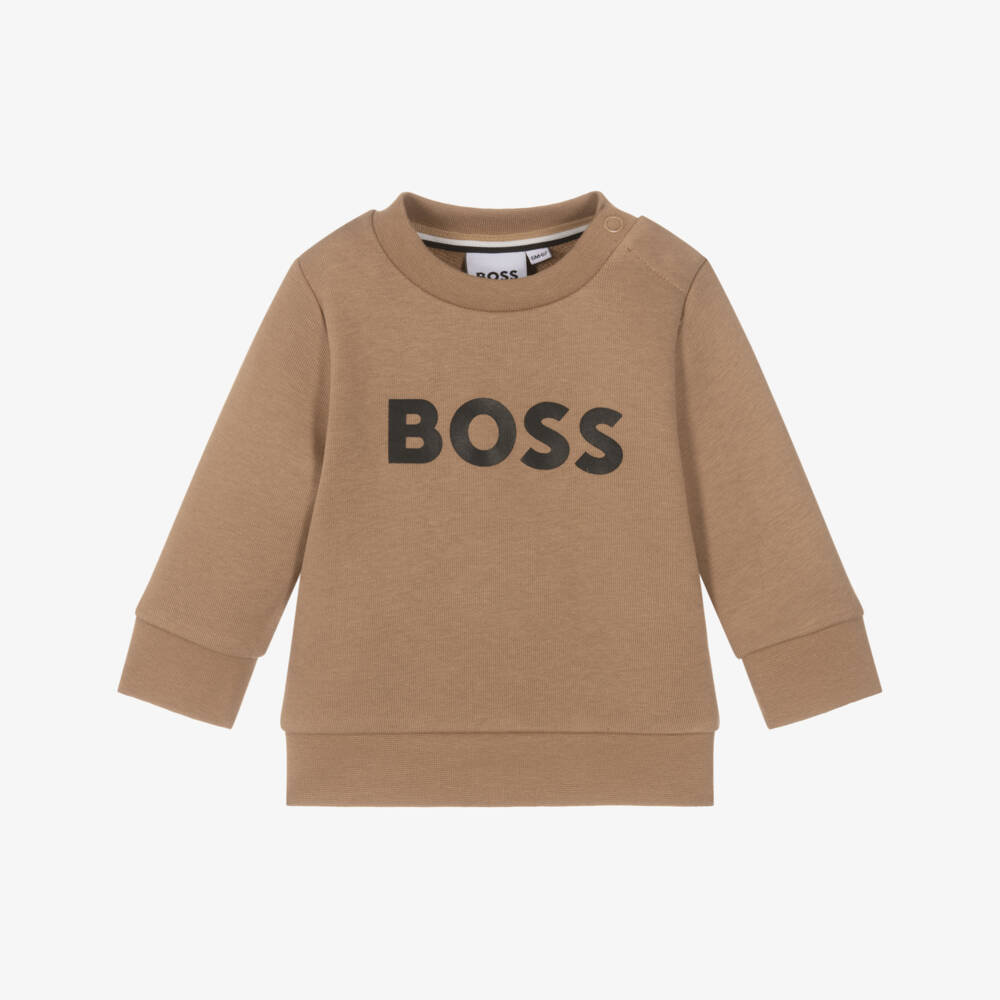 BOSS-Boys Beige Cotton Jersey Logo Sweatshirt | Childrensalon Outlet
