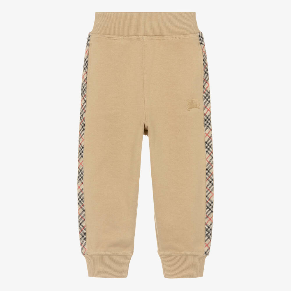 Burberry-Boys Beige Cotton Joggers with Check Trim & EKD Logo | Childrensalon Outlet