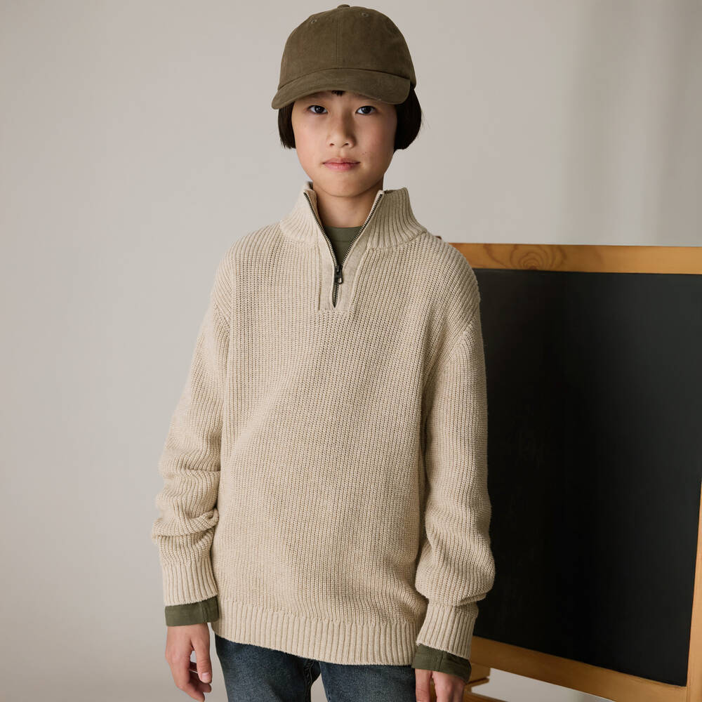 Mayoral Нукутаваке-Бежевый хлопковый свитер с полузастежкой для мальчиков | Childrensalon Outlet