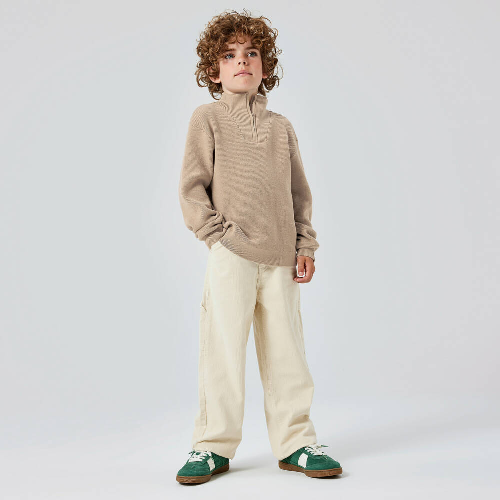 NAME IT-Boys Beige Cotton Knit Sweater with Quarter Zip | Childrensalon Outlet